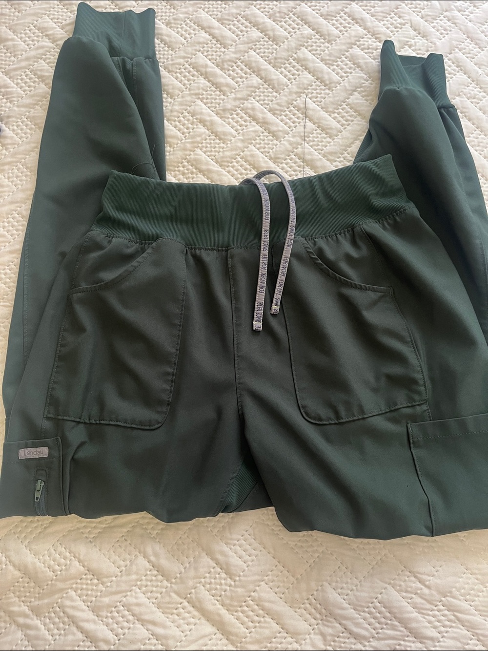 Dark Green Drawstring Cargo Scrub Pants